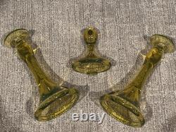 Fostoria Vaseline Uranium Yellow Green 9.5 Trumpet Candlestick Holders Set Lot