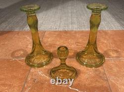 Fostoria Vaseline Uranium Yellow Green 9.5 Trumpet Candlestick Holders Set Lot