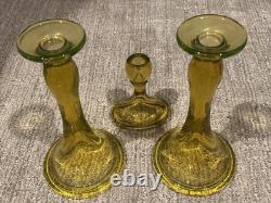 Fostoria Vaseline Uranium Yellow Green 9.5 Trumpet Candlestick Holders Set Lot