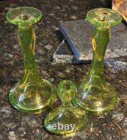 Fostoria Vaseline Uranium Yellow Green 9.5 Trumpet Candlestick Holders Set Lot
