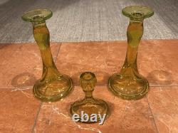 Fostoria Vaseline Uranium Yellow Green 9.5 Trumpet Candlestick Holders Set Lot