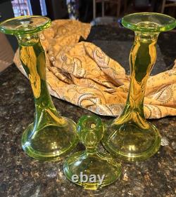 Fostoria Vaseline Uranium Yellow Green 9.5 Trumpet Candlestick Holders Set Lot