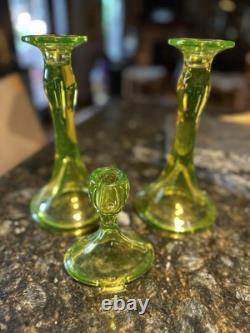 Fostoria Vaseline Uranium Yellow Green 9.5 Trumpet Candlestick Holders Set Lot