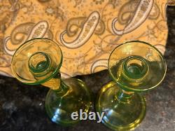 Fostoria Vaseline Uranium Yellow Green 9.5 Trumpet Candlestick Holders Set Lot