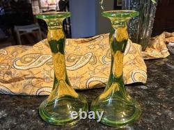 Fostoria Vaseline Uranium Yellow Green 9.5 Trumpet Candlestick Holders Set Lot
