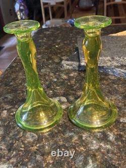 Fostoria Vaseline Uranium Yellow Green 9.5 Trumpet Candlestick Holders Set Lot