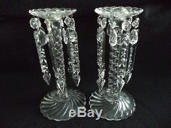 Fostoria crystal 2 Queen Anne candlesticks lusters swirl 1920s dangler prisms