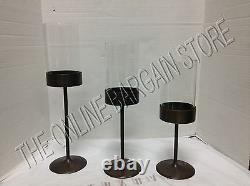 Frontgate Glass Hurricane Pillar Candle Stands Holders Mantel Decor Set 3