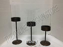 Frontgate Glass Hurricane Pillar Candle Stands Holders Mantel Decor Set 3