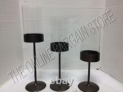Frontgate Glass Hurricane Pillar Candle Stands Holders Mantel Decor Set 3