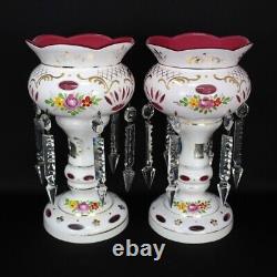 German White Cut To Cranberry Lusters Pair Castle Cut Crystal 10 1/4 High