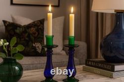 Glass Art Candle Holders (Set of 2) Cobalt Blue, Emerald Green