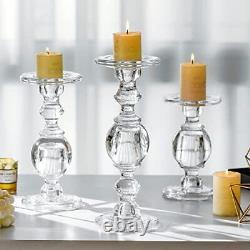 Glass Candle Holders Set of 3 Elegant Pillar Taper & Tealight Candlesticks