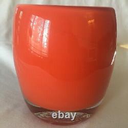 Glass. Ful Votive Candle Holder Fire Orange Red Hand Blown Glassy Style