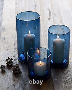 Glass Hurricane Candle Holders for Pillar Hand Blown Blue Cylinder Vases Table D