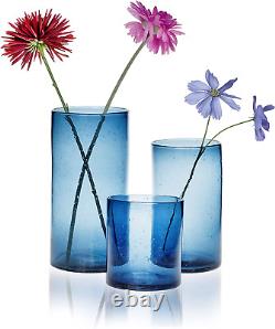 Glass Hurricane Candle Holders for Pillar Hand Blown Blue Cylinder Vases Table D