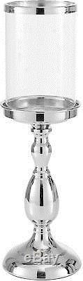 Glass Hurricane Silver Pillar Tealight Candle Holder Home Decor 46Hx13Wx13cmD