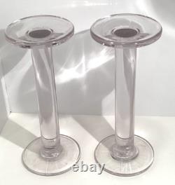 Glass Pedestal Pillar Pair of Candle Holders Hand Blown MCM Vintage
