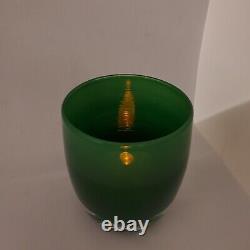 Glassybaby evergreen 1635 green layered stripes stickered candle votive
