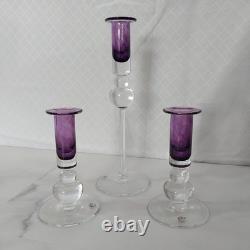 Gler Berquik handmade in Iceland Glass 3 piece Candlestick set clear/purple