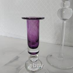 Gler Berquik handmade in Iceland Glass 3 piece Candlestick set clear/purple