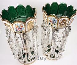 Gorgeous Green White Overlay Gold Gilding Glass Mantle Lusters Candle Holders