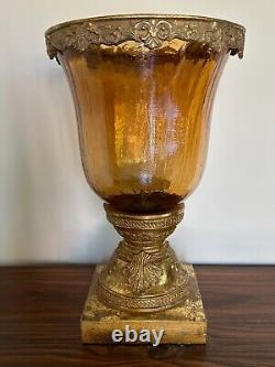 Gorgeous! Large Hurricane Candle Stand/Holder, Amber Glass, Gold Crown & Stand