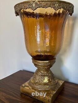 Gorgeous! Large Hurricane Candle Stand/Holder, Amber Glass, Gold Crown & Stand