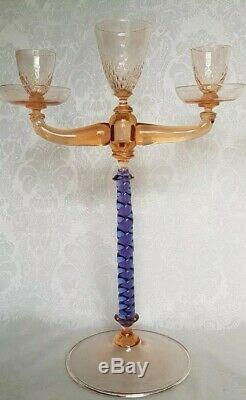 Gorgeous Murano Venetian Glass 3 Arms Candlestick Peach&swirled Blue Salviati