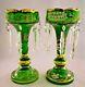 Gorgeous Pair Of Vintage Green Glass Painted Luster Candle Holders With Prisms