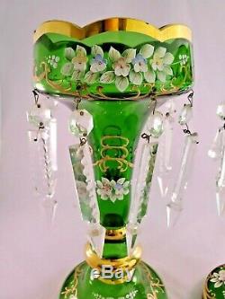 Gorgeous Pair of Vintage Green Glass Painted Luster Candle holders with Prisms