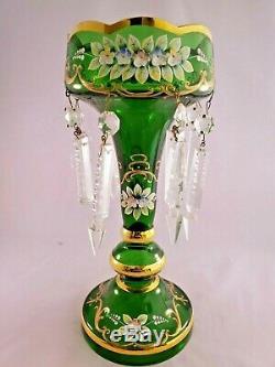 Gorgeous Pair of Vintage Green Glass Painted Luster Candle holders with Prisms