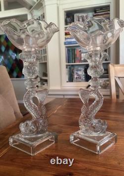 Gorgeous VTG Pair of MMA Candleholders Dolphin Clear Imperial Pressed Glass
