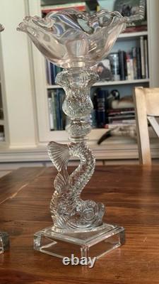 Gorgeous VTG Pair of MMA Candleholders Dolphin Clear Imperial Pressed Glass