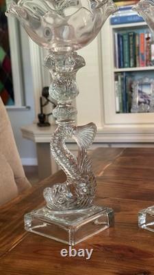 Gorgeous VTG Pair of MMA Candleholders Dolphin Clear Imperial Pressed Glass