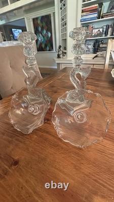 Gorgeous VTG Pair of MMA Candleholders Dolphin Clear Imperial Pressed Glass