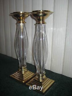 Gorgeous Vintage Glass & Brass Large Pair Candle Holders 14-3/4 Tall
