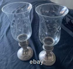Gorham Sterling Silver and Etched Glass Hurricane Candle Holders withFlower Frogs
