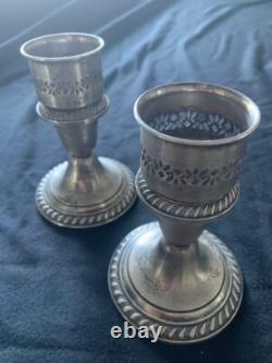 Gorham Sterling Silver and Etched Glass Hurricane Candle Holders withFlower Frogs