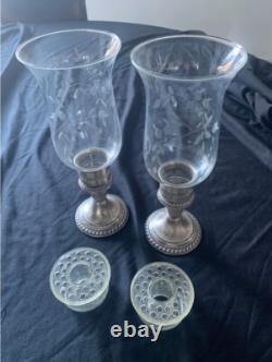 Gorham Sterling Silver and Etched Glass Hurricane Candle Holders withFlower Frogs