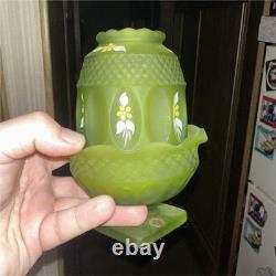 Green Glass Floral Candle Holder with Pedestal Base, Flowers Theme Pattern