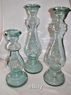 Green Glass Pillar Candle Holders 21.5 and 16.5 Tall Set of 3 FREE SHIP