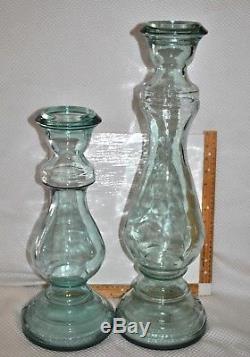 Green Glass Pillar Candle Holders 21.5 and 16.5 Tall Set of 3 FREE SHIP