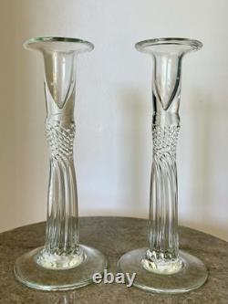 Hand-Blown Art Glass Candlestick Holders Pair Twisted Optic Design Studio Glass