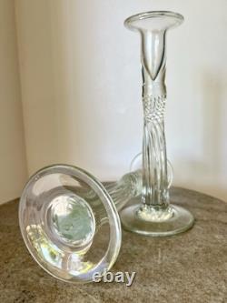 Hand-Blown Art Glass Candlestick Holders Pair Twisted Optic Design Studio Glass