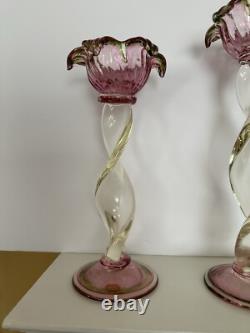 Hand Blown Glass Tulip Candle Votive Holders Swirl Green and Pink. Set Of 3