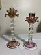 Hand-blown Venetian Glass Floral Floriform Candlesticks Pair Roses Pink Green