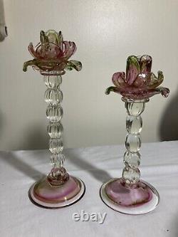 Hand-Blown Venetian Glass Floral Floriform Candlesticks Pair Roses Pink Green