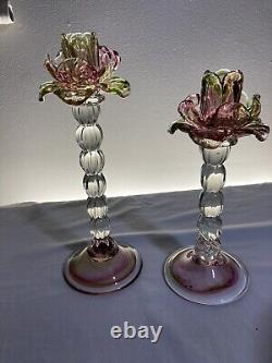 Hand-Blown Venetian Glass Floral Floriform Candlesticks Pair Roses Pink Green