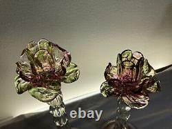 Hand-Blown Venetian Glass Floral Floriform Candlesticks Pair Roses Pink Green